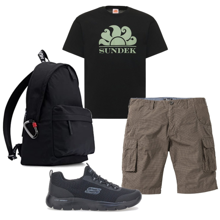Outfit uomo - Lungomare. Stile Casual per Tutti i giorni. Abbinamento con bermuda, t-shirt, borse sportive, sneakers.