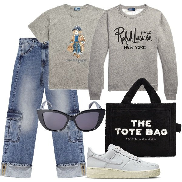 Outfit donna - Felpa e jeans a settembre. Stile Basic per Tutti i giorni. Abbinamento con jeans dritti, t-shirt, felpe, sneakers, borse tote, occhiali da sole.