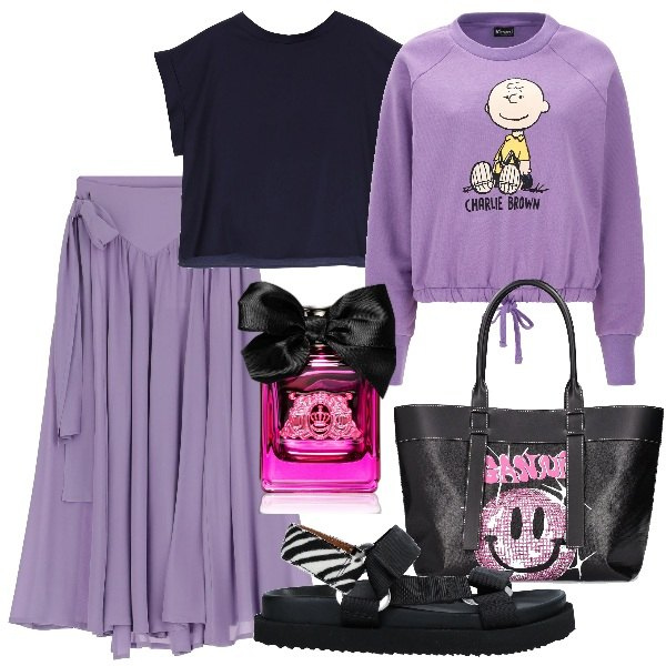 Outfit donna - Piccoli momenti di vacanza. Stile Casual chic per Mare. Abbinamento con sandali in pelle, profumi, t-shirt, felpe, gonne longuette, shopping bag.