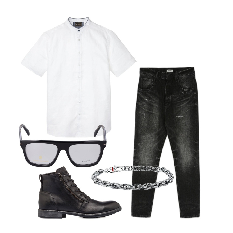 Outfit uomo - Ghost outfitter - settembre. Stile Casual per Tutti i giorni. Abbinamento con camicie a manica corta, jeans slim fit, anfibi, occhiali da sole, braccialetti.