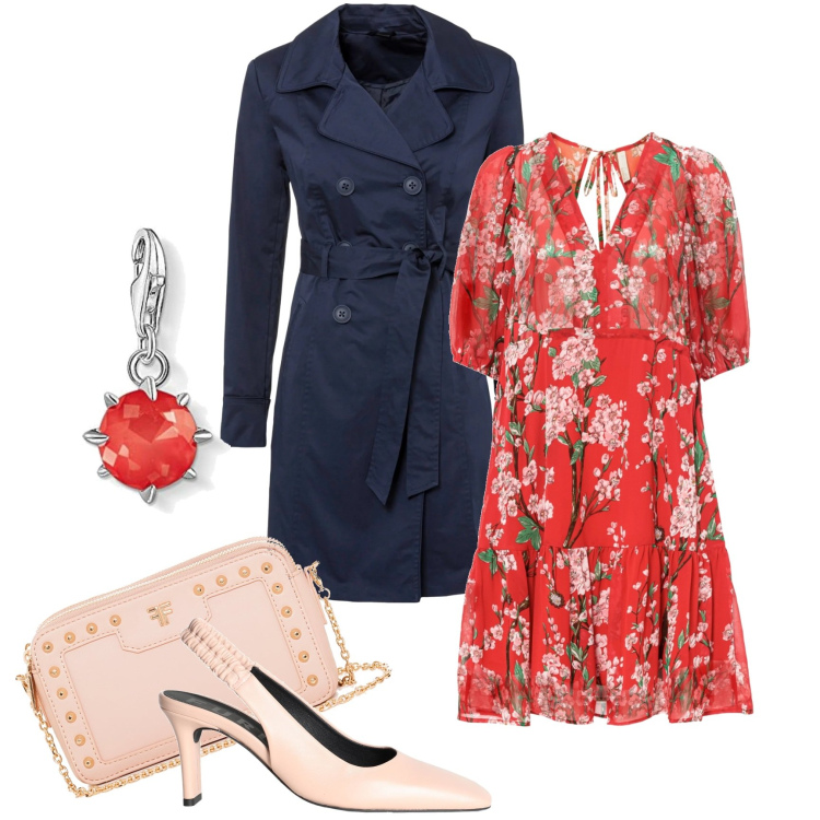Outfit donna - Trench blu. Stile Chic per Ufficio. Abbinamento con décolleté, trench, vestiti, borse a spalla, braccialetti.