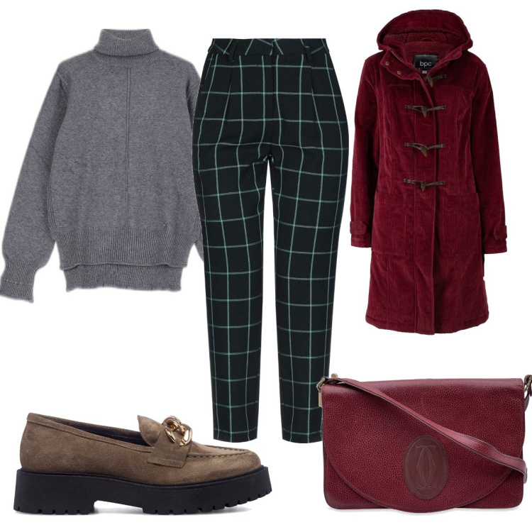 Outfit donna - Total look #1711851. Stile Trendy per Tutti i giorni. Abbinamento con montgomery, pantaloni, borse a spalla, maglieria, mocassini.