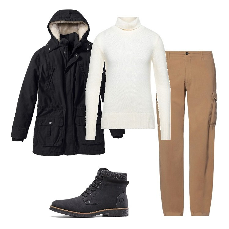 Outfit uomo - Al riparo dal freddo. Stile Trendy per Ufficio. Abbinamento con parka, stivali e stivaletti, pantaloni, maglieria.