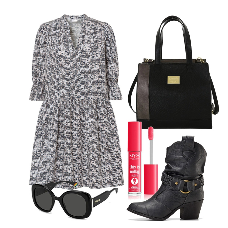 Outfit donna - Ghost outfitter - settembre. Stile Trendy per Tutti i giorni. Abbinamento con vestiti, stivaletti texani, gloss, borse a mano, occhiali da sole.