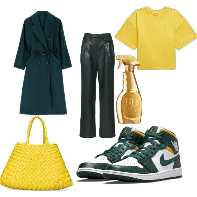 Outfit donna - 🟢🟡. Stile Chic per Tutti i giorni. Abbinamento con sneakers, profumi, cappotti, t-shirt, pantaloni, borse a mano.