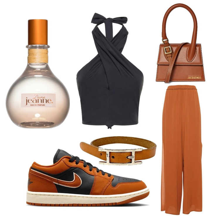 Outfit donna - 🟤. Stile Casual chic per Serata fuori. Abbinamento con braccialetti, profumi, pantaloni, top, borse a mano, sneakers.