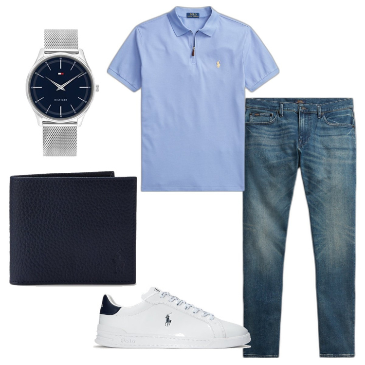 Outfit uomo - Polo azzurra. Stile Casual per Tutti i giorni. Abbinamento con sneakers, portafogli, jeans, polo, orologi analogici.
