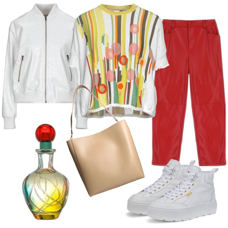 Outfit donna - Settrendy. Stile Trendy per Tutti i giorni. Abbinamento con pullovers, giacche, borse a spalla, profumi, pantaloni capri, sneakers alte.