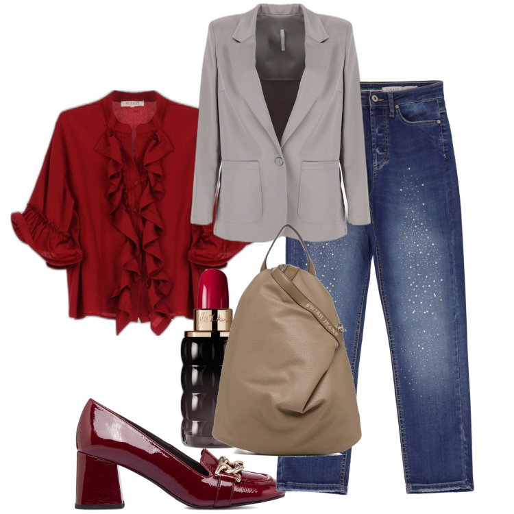 Outfit donna - Trendy style fw23/24. Stile Trendy per Tutti i giorni. Abbinamento con profumi, jeans dritti, camicie, giacche, décolleté, zaini.