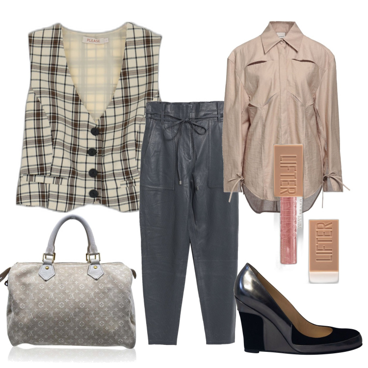 Outfit donna - Vagamente mannish. Stile Trendy per Tutti i giorni. Abbinamento con borse a mano, décolleté, pantaloni, camicie, gloss, gilet.