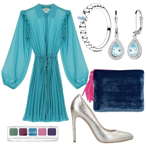 Outfit donna - Vestito con maniche a sbuffo. Stile Bon Ton per Cerimonia. Abbinamento con décolleté, ombretti, vestiti corti, anelli, orecchini, pochette.