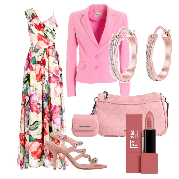 Outfit donna - La madrina. Stile Chic per Cerimonia. Abbinamento con borse a tracolla, sandali in pelle, rossetti, vestiti lunghi, blazer, orecchini.