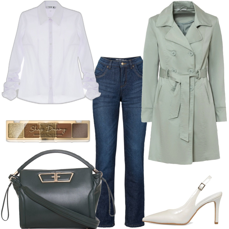 Outfit donna - Il trench verde fumé. Stile Casual chic per Tutti i giorni. Abbinamento con trench, jeans dritti, ombretti, camicie, borse tote, décolleté.