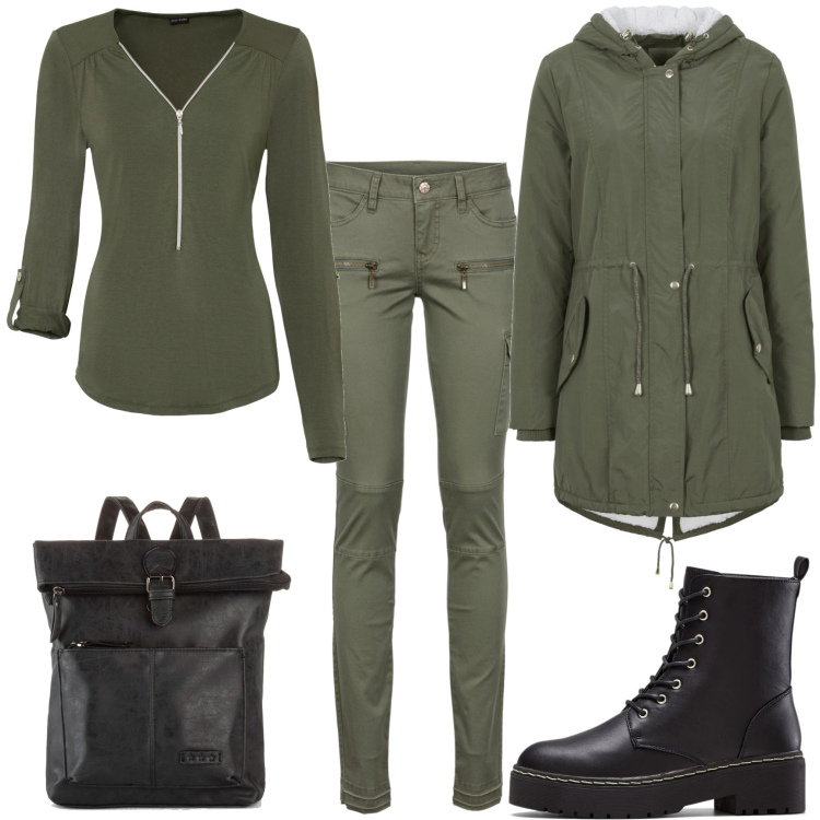 Outfit donna - Military green. Stile Military per Tutti i giorni. Abbinamento con parka, pantaloni cargo, stivaletti, zaini, maglieria.
