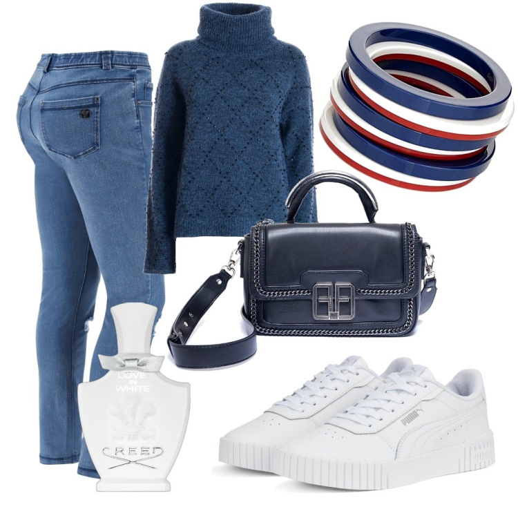 Outfit donna - Melania. Stile Casual per Scuola/Università. Abbinamento con profumi, maglieria, borse a spalla, jeans strappati, sneakers, braccialetti.