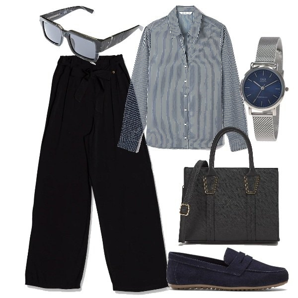 Outfit donna - Mannish. Stile Mannish per Ufficio. Abbinamento con mocassini, camicie, shopping bag, pantaloni, orologi analogici, occhiali da sole.