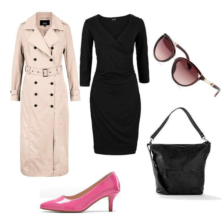 Outfit donna - Autunno... in ufficio. Stile Casual chic per Ufficio. Abbinamento con borse a tracolla, occhiali da sole, vestiti a tubino, trench, décolleté.