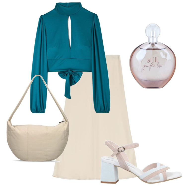 Outfit donna - La blusa azzurro petrolio. Stile Bon Ton per Ufficio. Abbinamento con sandali in pelle, profumi, t-shirt, gonne longuette, borse a cartella.