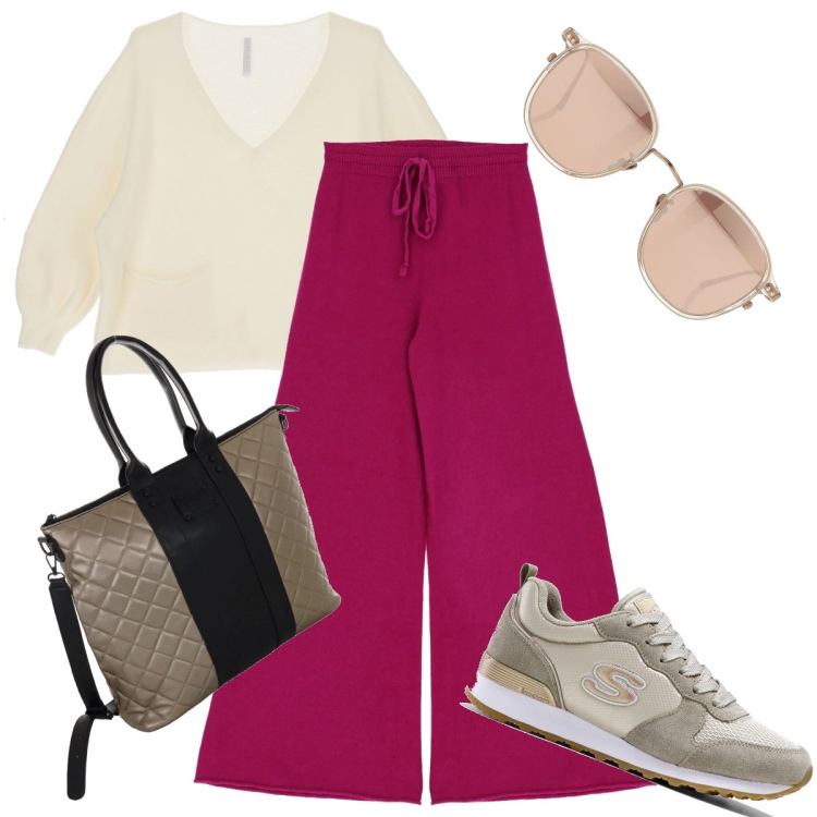 Outfit donna - I pantaloni con la coulisse. Stile Casual per Tutti i giorni. Abbinamento con sneakers, occhiali da sole, pantaloni a palazzo, maglieria, borse a spalla.