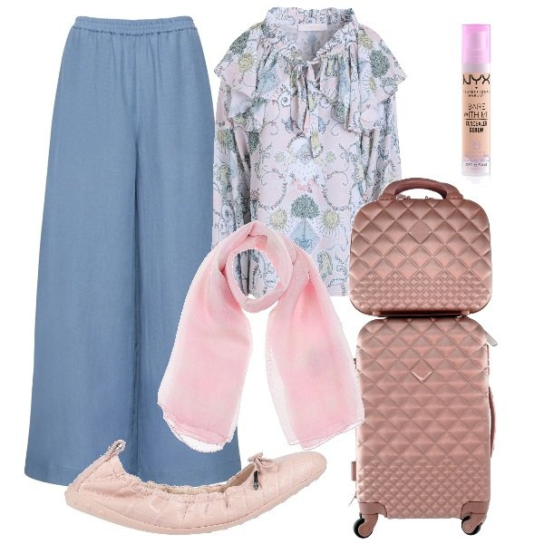 Outfit donna - Ballerine da viaggio. Stile Trendy per Tutti i giorni. Abbinamento con ballerine, bluse, sciarpe, correttori, valigie, pantaloni.