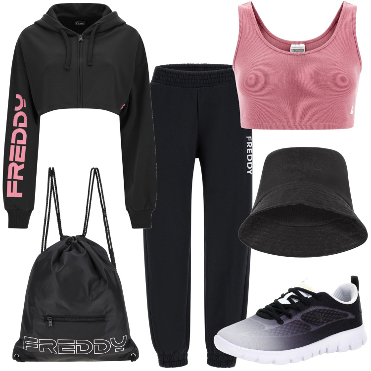 Outfit donna - Fall vibes by Freddy. Stile Basic per Sport. Abbinamento con zaini, pantaloni, sneakers alte, felpe con cappuccio, top, cappelli.