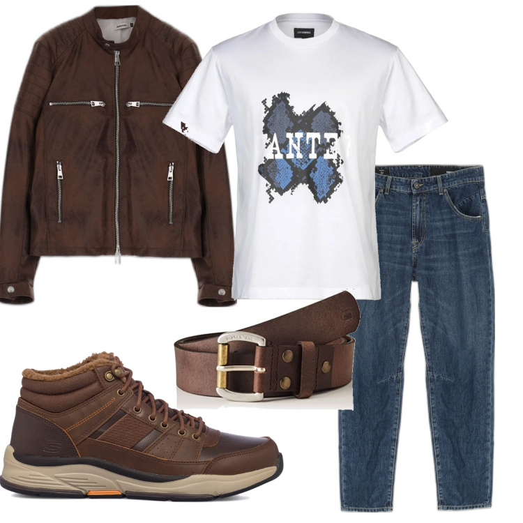 Outfit uomo - Total look #1712194. Stile Casual per Tutti i giorni. Abbinamento con giacche, jeans, anfibi, t-shirt, cinture.