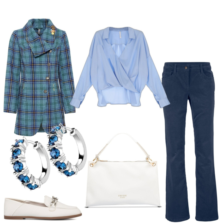 Outfit donna - Total look #1712195. Stile Casual chic per Tutti i giorni. Abbinamento con pantaloni, cappotti, camicie, mocassini, borse a mano, orecchini.