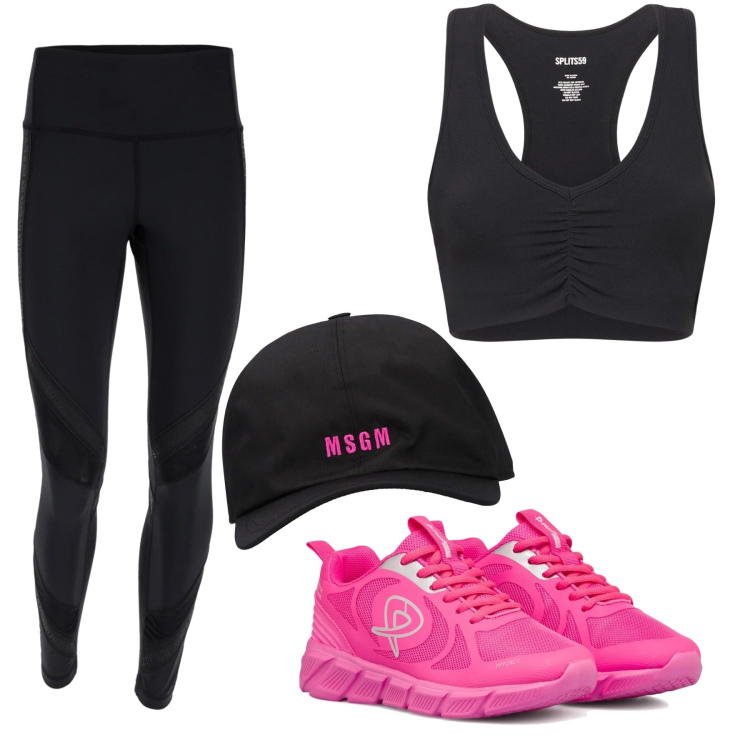 Outfit donna - Pink sporty- chic. Stile Sporty chic per Sport. Abbinamento con leggings sportivo, scarpe sportive, cappelli, top.