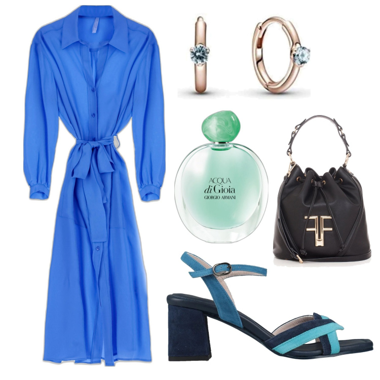 Outfit donna - Total look #1712204. Abbinamento con sandali in pelle, profumi, borse a secchiello, vestiti midi/longuette, orecchini.