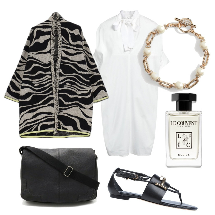 Outfit donna - Domani riunione di modulo. Stile Trendy per Tutti i giorni. Abbinamento con infradito, vestiti midi/longuette, borse a tracolla, profumi, cardigans, braccialetti.