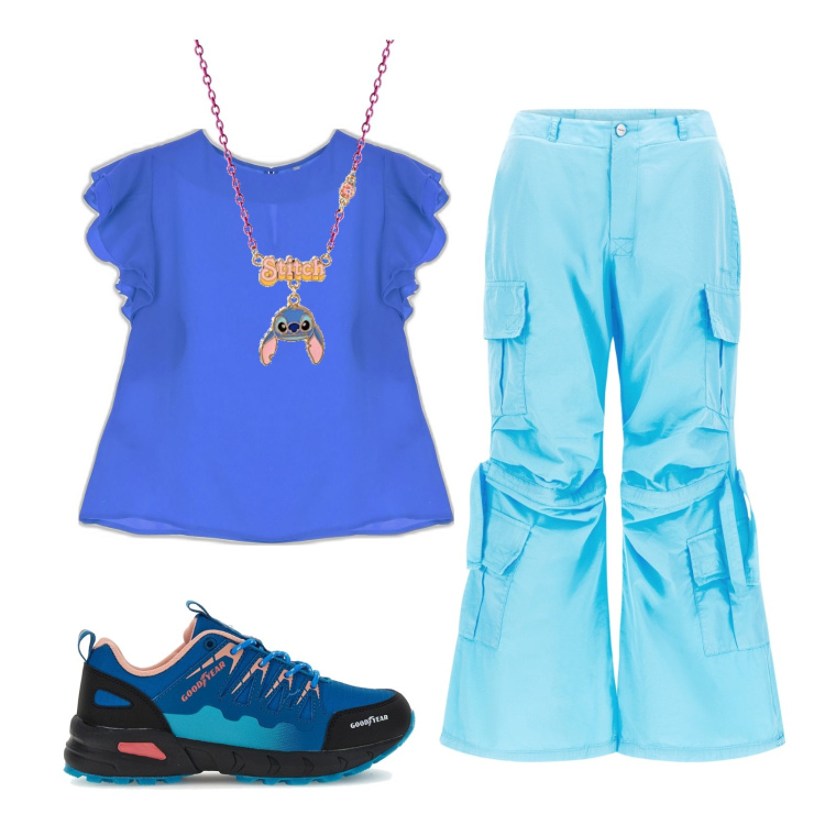Outfit donna - La collana Disney. Stile Trendy per Scuola/Università. Abbinamento con pantaloni cargo, canottiere, sneakers, collane.