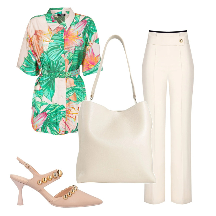 Outfit donna - Cena fuori. Stile Casual chic per Serata fuori. Abbinamento con décolleté, borse a spalla, pantaloni a palazzo, bluse.