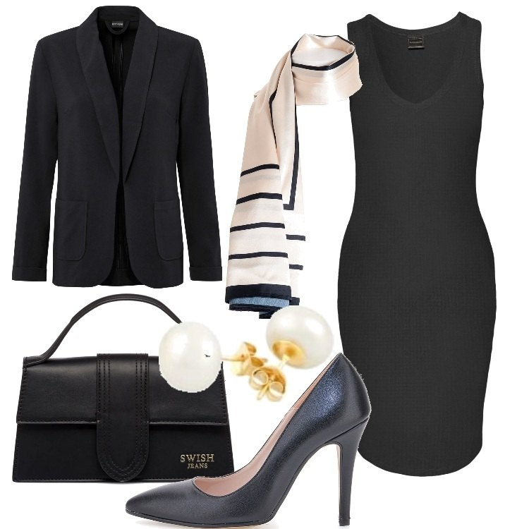 Outfit donna - Décolleté ultrachic. Stile Chic per Serata fuori. Abbinamento con vestiti, blazer, foulard, borse a mano, décolleté, orecchini.