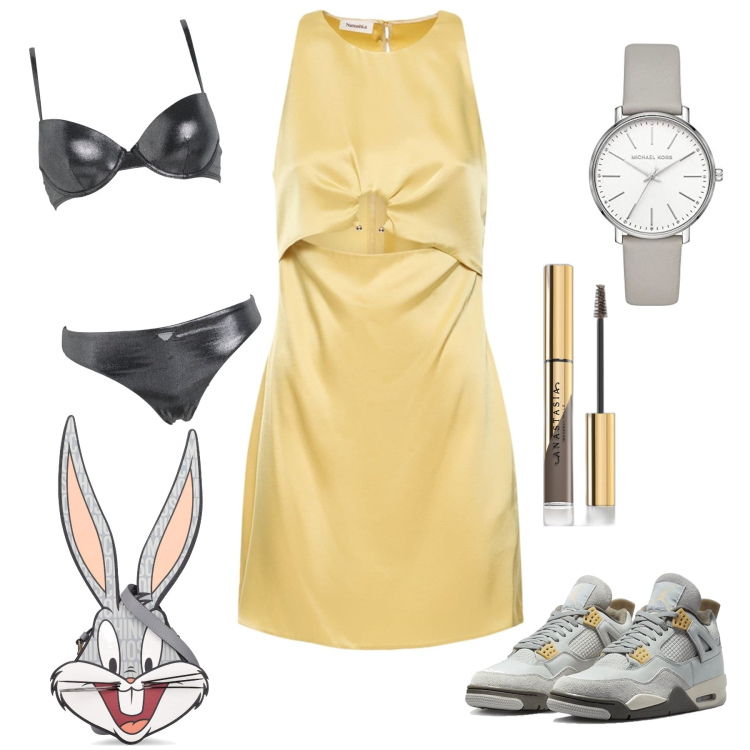 Outfit donna - Aperitivo sul lungomare. Stile Casual chic per Serata fuori. Abbinamento con sneakers, bikini, mascara, vestiti, borse a spalla, orologi.