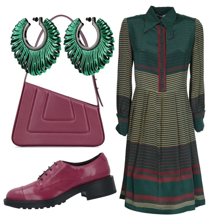 Outfit donna - Colori autunnali. Stile Casual chic per Ufficio. Abbinamento con scarpe stringate, vestiti midi/longuette, orecchini, borse a spalla.