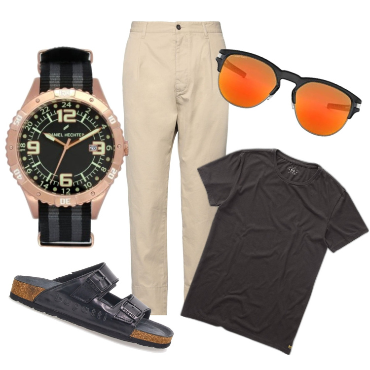 Outfit uomo - Total look #1712373. Stile Casual per Tutti i giorni. Abbinamento con pantaloni, t-shirt, occhiali da sole, sandali, orologi analogici.