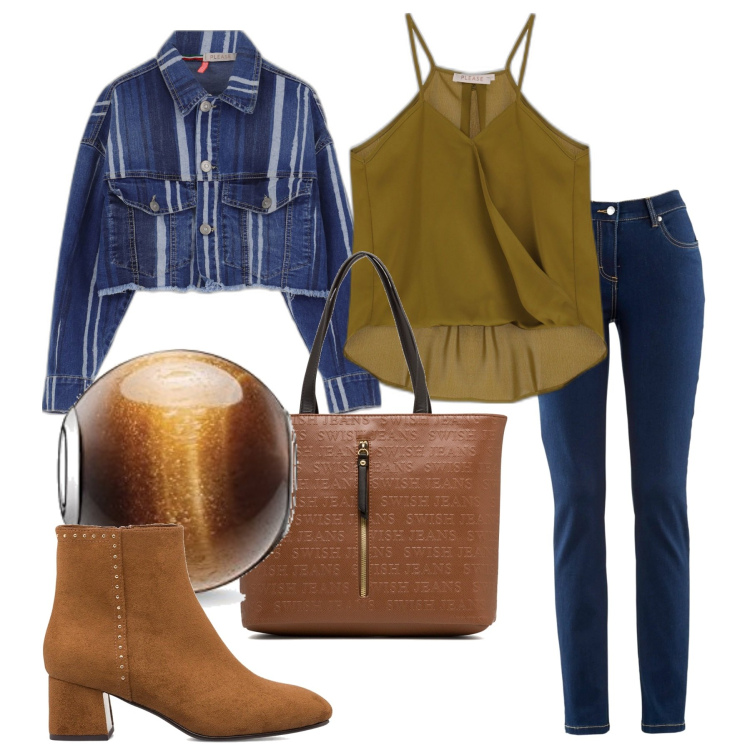 Outfit donna - Denim e caramello. Stile Casual chic per Tutti i giorni. Abbinamento con jeans dritti, giacche, canottiere, stivaletti, borse a spalla, ciondoli.