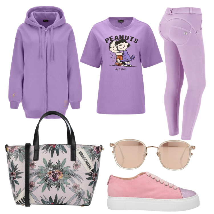Outfit donna - La felpa comoda. Stile Sporty chic per Sport. Abbinamento con borse a mano, sneakers, occhiali da sole, pantaloni skinny, felpe con cappuccio, t-shirt.