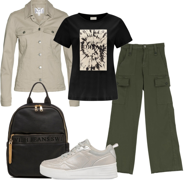 Outfit donna - Scuola o università. Stile Urban per Tutti i giorni. Abbinamento con blazer, t-shirt, pantaloni cargo, sneakers, zaini.
