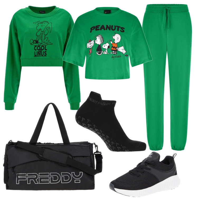 Outfit donna - Peanuts. Stile Sporty chic per Sport. Abbinamento con borse sportive, calzini, pantaloni sportivi, sneakers, t-shirt, felpe.