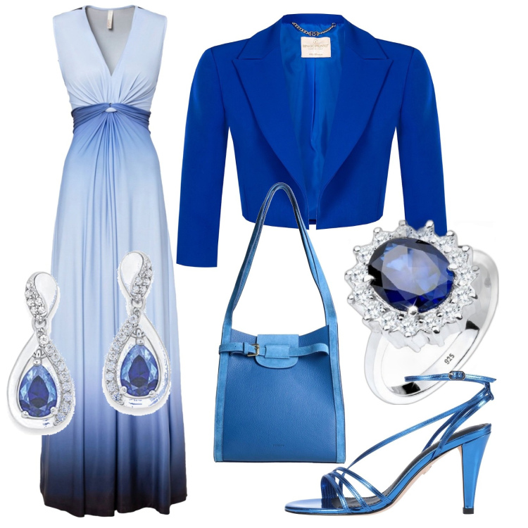 Outfit donna - Cerimonia in blu. Stile Chic per Cerimonia. Abbinamento con vestiti, sandali in pelle, borse a spalla, cappotti, orecchini, anelli.