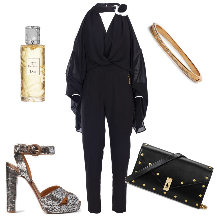 Outfit donna - A teatro. Stile Chic per Serata fuori. Abbinamento con profumi, tute, sandali col tacco, clutch, braccialetti.