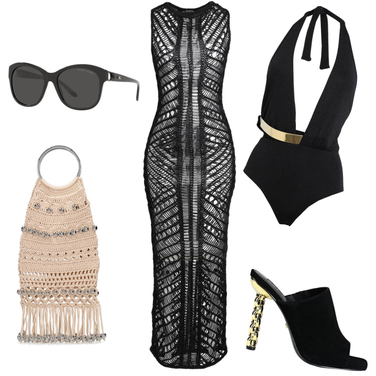 Outfit donna - Aperitivo al club e poi piscina. Stile Chic per Serata fuori. Abbinamento con vestiti da spiaggia, costumi interi, sandali in pelle, occhiali da sole, borse a mano.