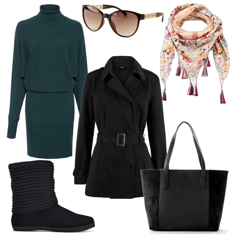 Outfit donna - Utility chic fall. Stile Urban per Tutti i giorni. Abbinamento con vestiti, stivali, shopping bag, trench, foulard, occhiali da sole.