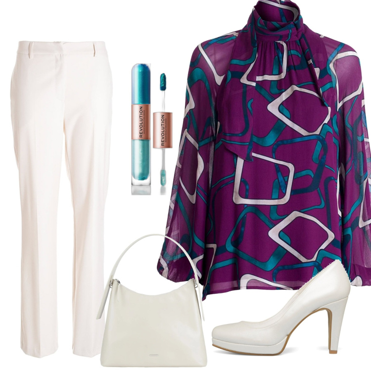 Outfit donna - Blusa fantasia geometrica. Stile Trendy per Ufficio. Abbinamento con borse a spalla, ombretti, bluse, pantaloni, décolleté.