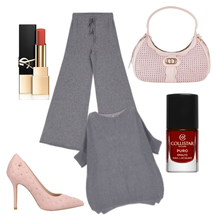 Outfit donna - Da mattina a sera. Stile Casual chic per Tutti i giorni. Abbinamento con décolleté, borse a mano, smalti, rossetti, pullovers, pantaloni a palazzo.