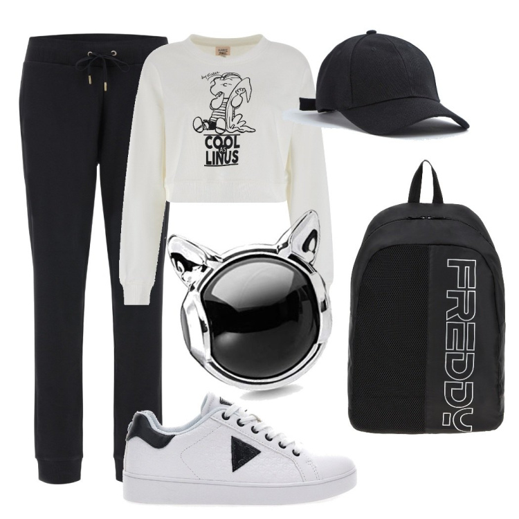 Outfit donna - Scuola. Stile Urban per Scuola/Università. Abbinamento con cappelli con visiera, zaini, pantaloni sportivi, felpe, sneakers, orologi.