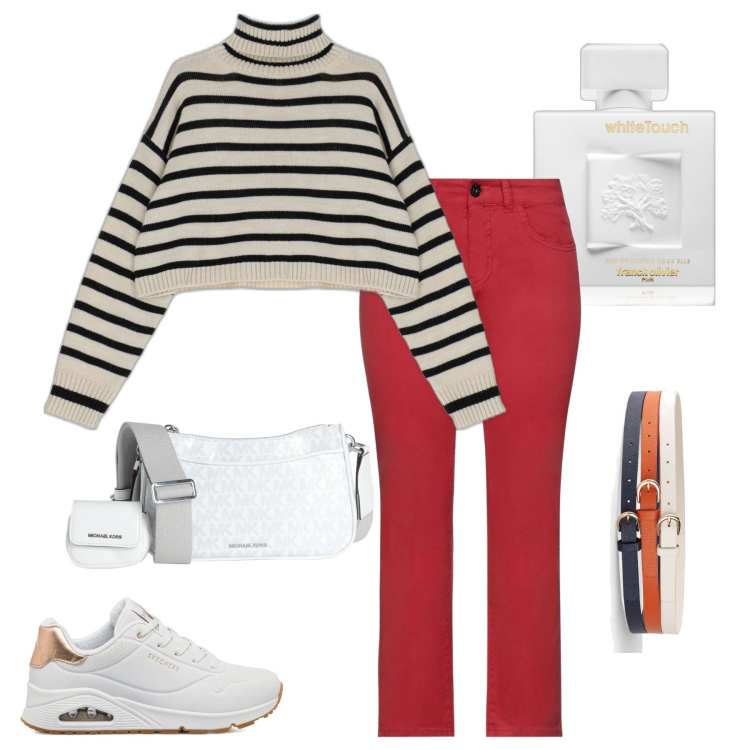 Outfit donna - Il pantalone rosso. Stile Casual per Tutti i giorni. Abbinamento con cinture, pantaloni, borse a tracolla, profumi, maglieria, sneakers.
