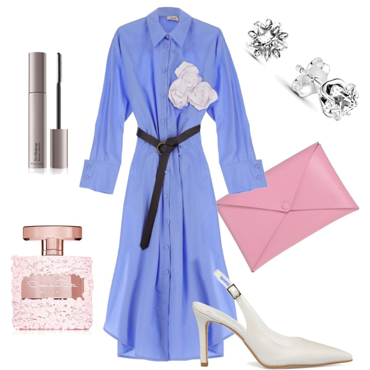 Outfit donna - Rose grandi. Stile Bon Ton per Serata fuori. Abbinamento con borse a mano, profumi, mascara, vestiti midi/longuette, décolleté, orecchini.