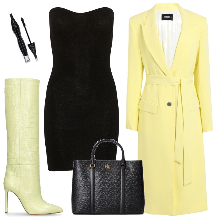 Outfit donna - Giallo e nero stasera. Stile Chic per Serata fuori. Abbinamento con cappotti, mascara, borse a mano, vestiti, stivali.